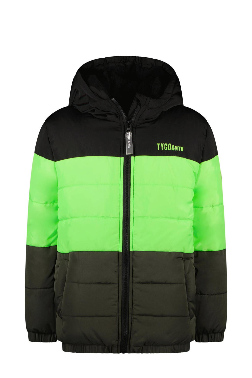 TYGO & vito gewatteerde winterjas van gerecycled polyester kaki/neon groen/zwart