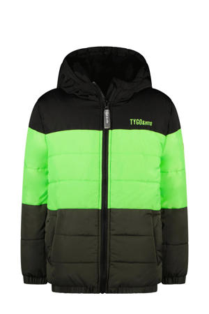 gewatteerde winterjas van gerecycled polyester kaki/neon groen/zwart