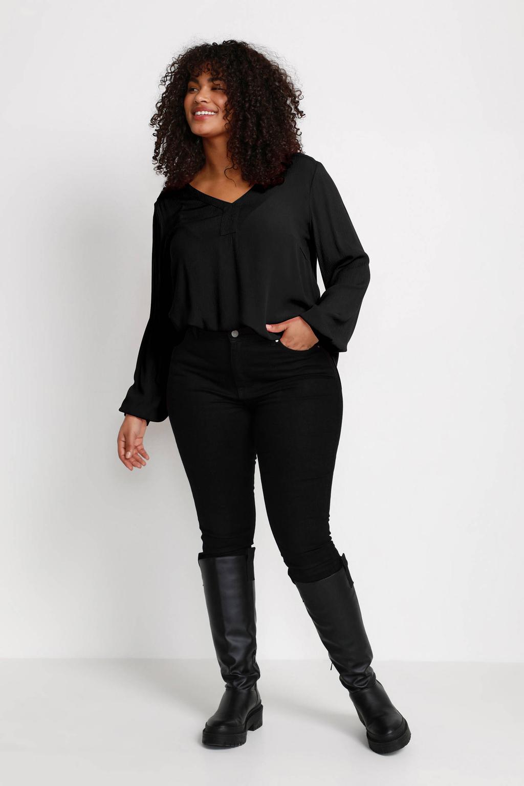 Zwarte dames Kaffe Curve top KCami van viscose met effen, lange mouwen, V-hals en plooien