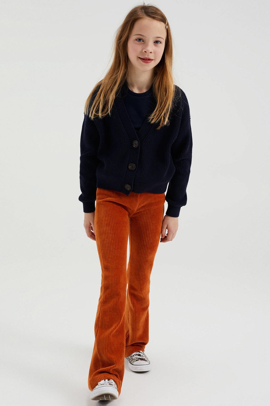 Oranje meisjes WE Fashion velours flared broek van corduroy met regular waist, elastische tailleband en effen