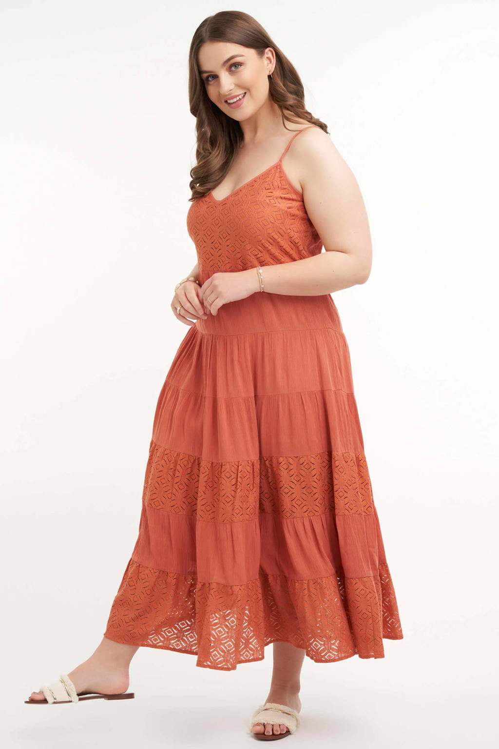 MS Mode maxi jurk met volant oranje