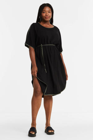 jurk Lydia met contrastbies en textuur zwart/lichtbruin