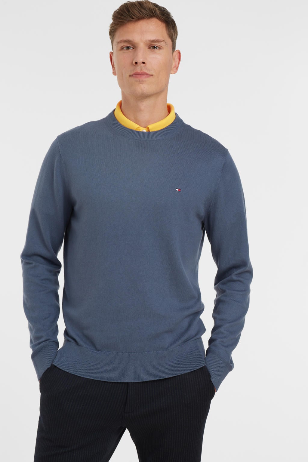 Blauwe heren Tommy Hilfiger trui katoen met lange mouwen en ronde hals