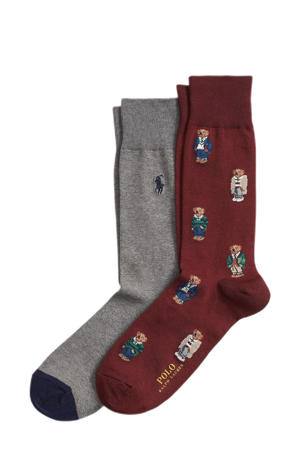 sokken Bear - set van 2 grijs/donkerrood