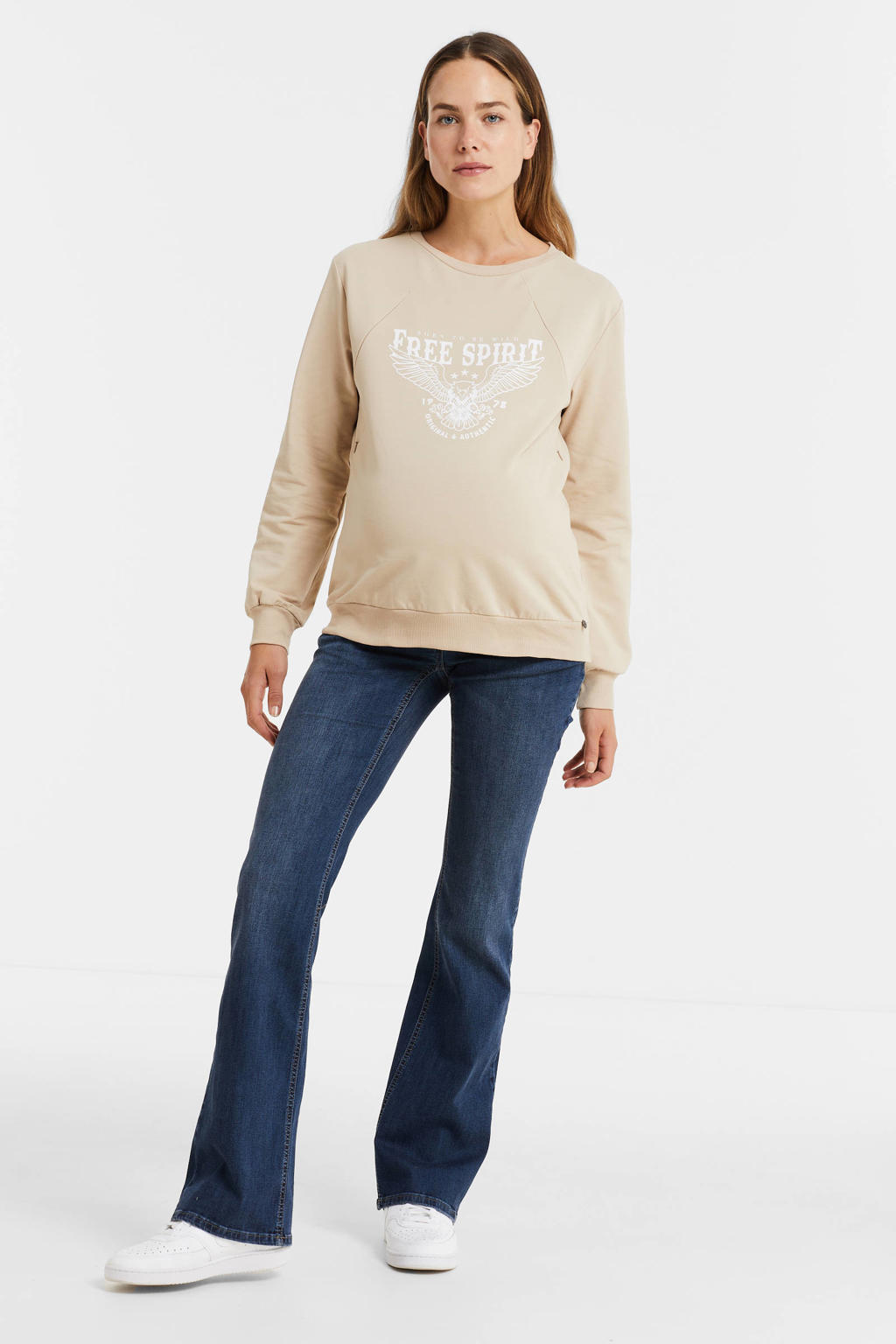 Blauwe dames LOVE2WAIT flared zwangerschapsjeans Judy van stretchdenim met regular waist, rits- en knoopsluiting en effen