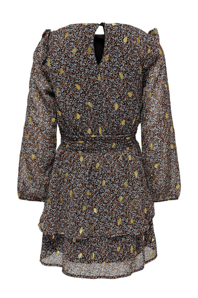 ONLY GIRL semi-transparante jurk KOGISABELLA met all over print ruches bruin/zwart/goud | wehkamp