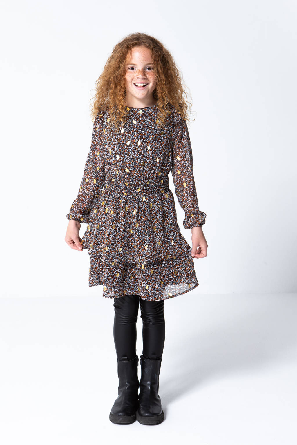 KIDS ONLY GIRL semi-transparante jurk met all over print en ruches bruin/zwart/goud | wehkamp