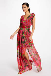 Morgan semi-transparante maxi A-lijn jurk met bladprint en plooien rood/groen/zwart