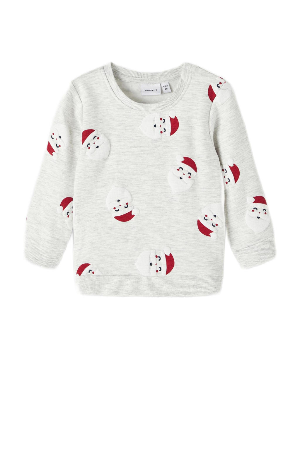 NAME IT BABY newborn baby kerstsweater NBNRACHRISTMAS met all over print grijs melange/wit/rood