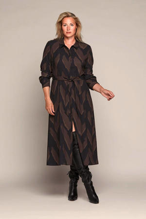 maxi A-lijn jurk Dwight met all over print en ceintuur bruin/zwart