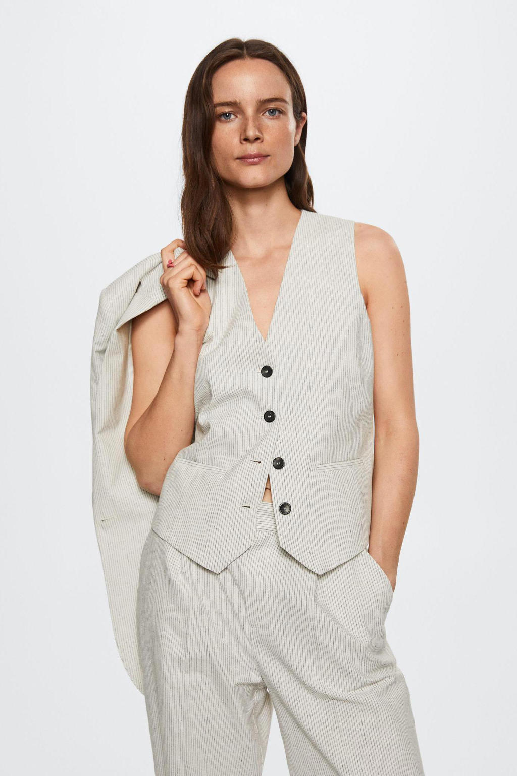 Mango gilet met linnen en krijtstreep lichtgrijs/zwart wehkamp