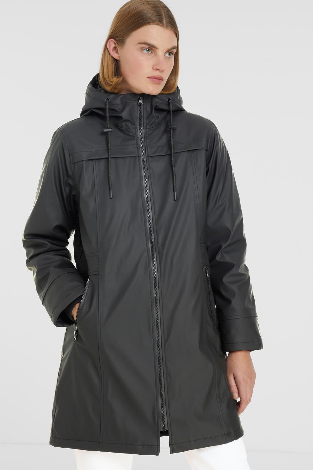 Zwarte dames FREEQUENT coated regenjas FQRAIN van polyethyleen met effen, lange mouwen, capuchon, ritssluiting en tunnelkoord