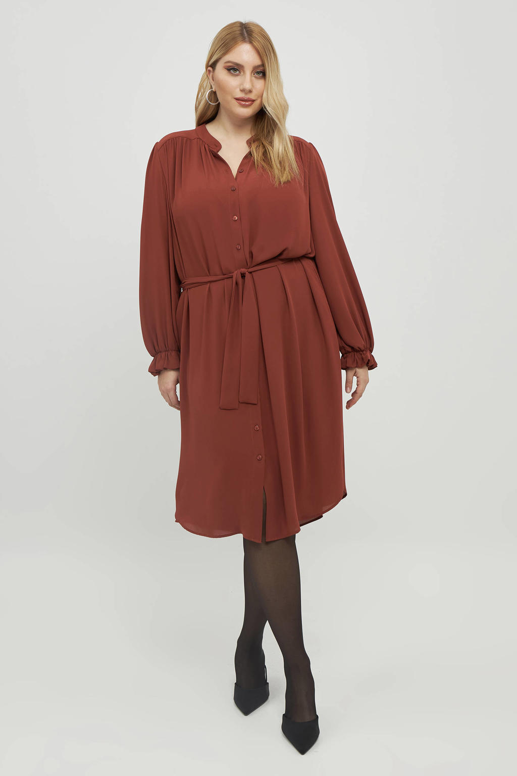 Mat Fashion semi-transparante blousejurk met plooien roodbruin