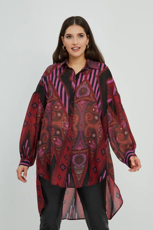 semi-transparante blouse met paisleyprint roodbruin/ roze
