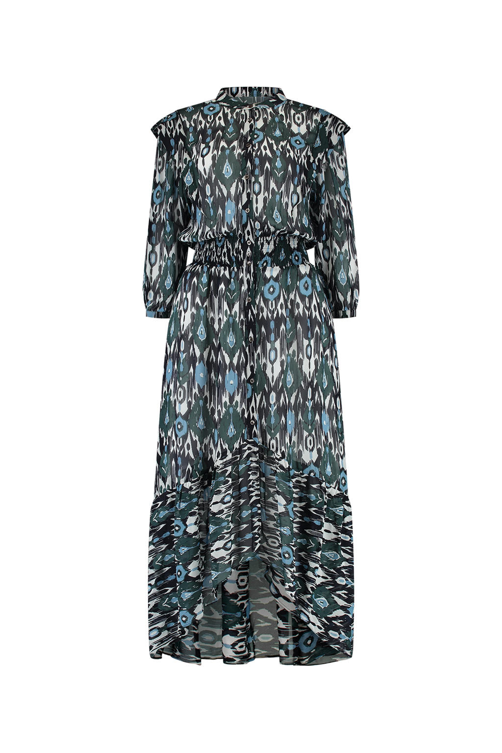 Blauwe dames Fifth House maxi jurk Rosie met ruches , van viscose met all over print, lange mouwen en klassieke kraag