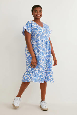 jurk met all over print en volant wit/blauw