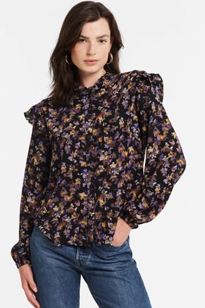 gebloemde blouse JDYSOFIA zwart/paars/oranje