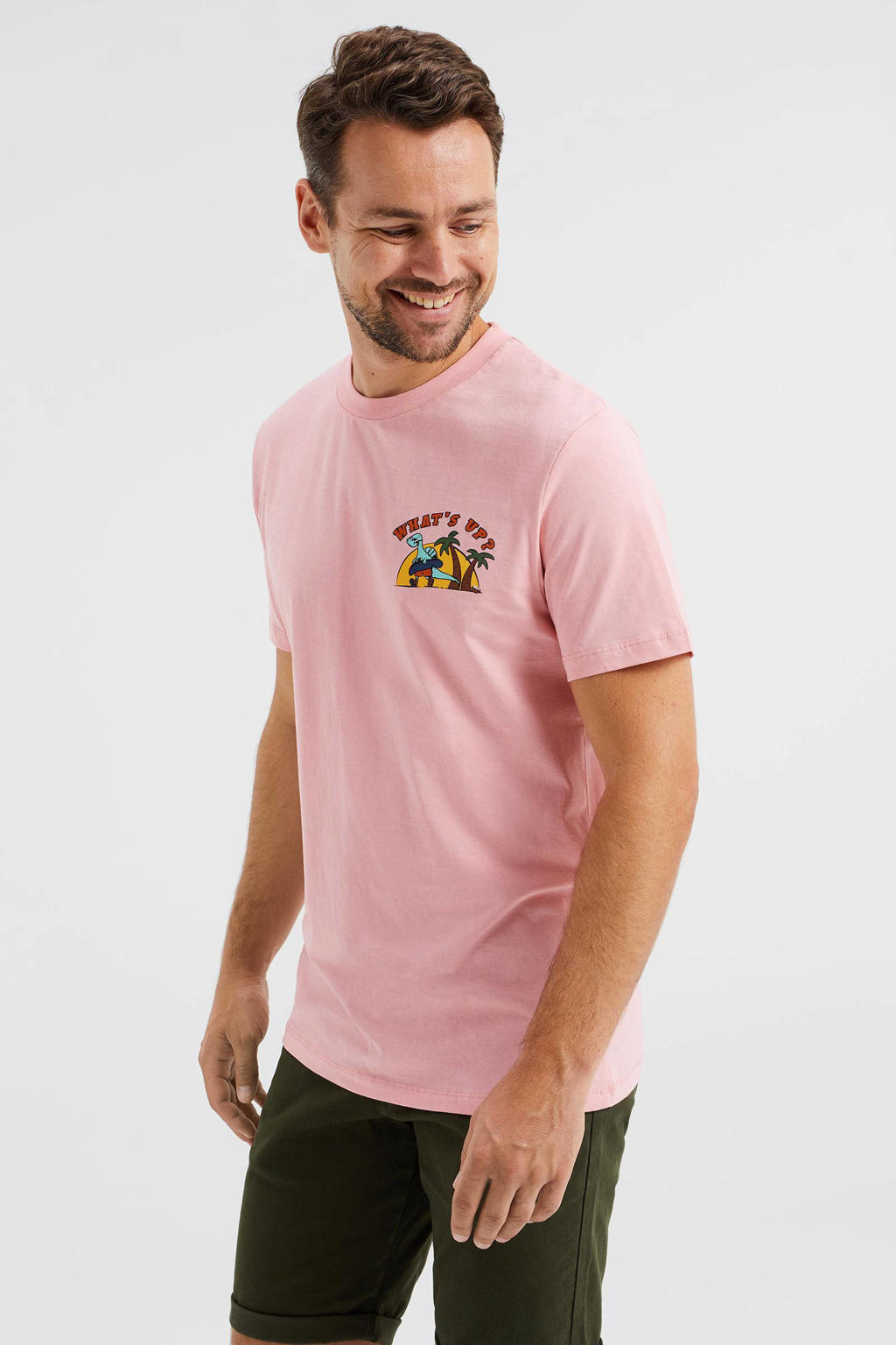 WE Fashion regular fit T-shirt met printopdruk roze