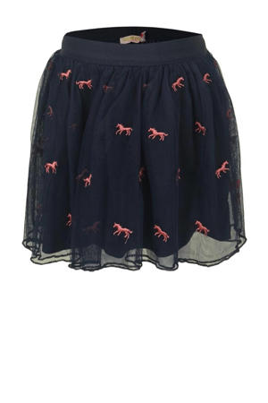 semi-transparante rok Moss met all over print en borduursels donkerblauw/roze