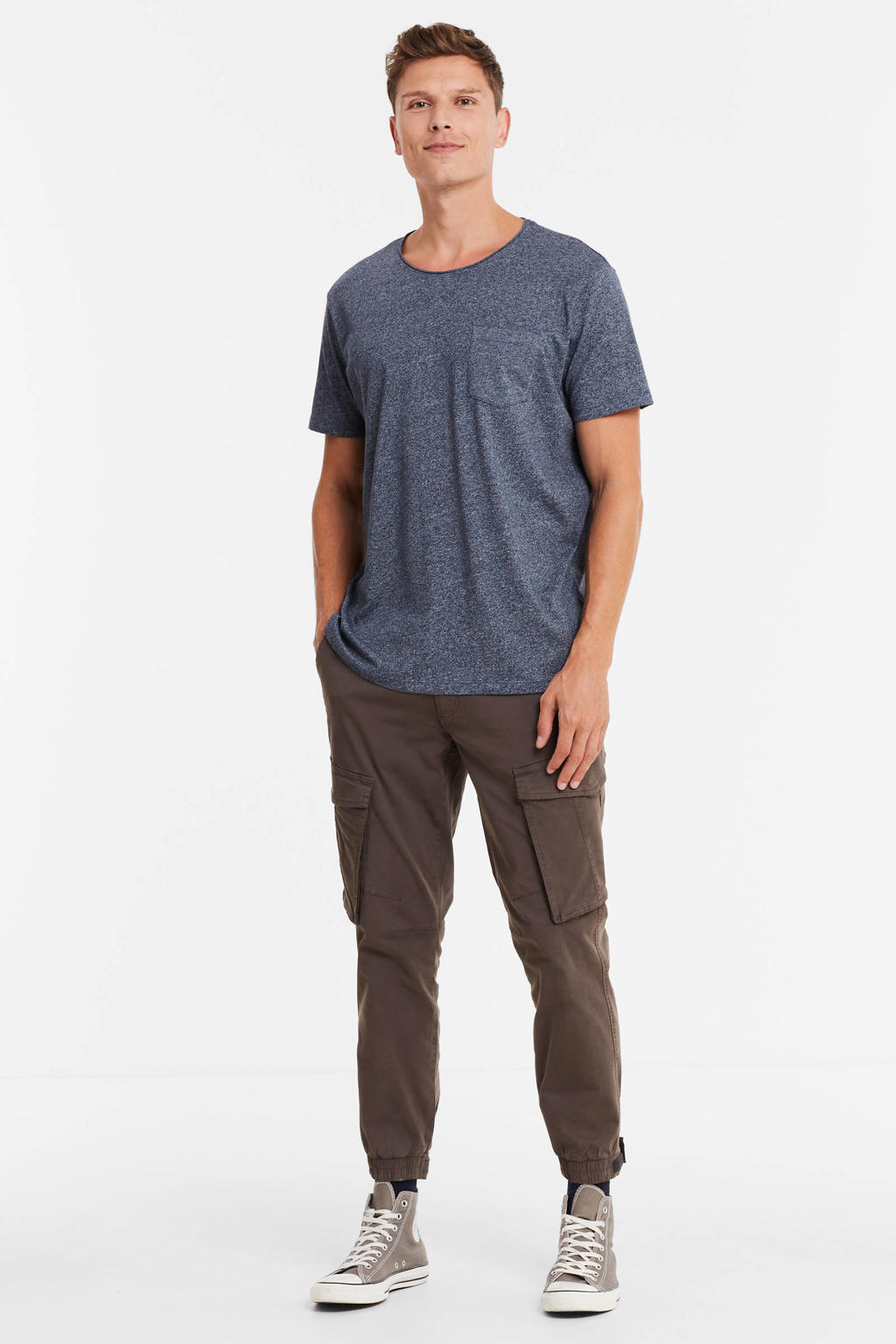Donkerblauwe heren edc Men gemêleerd T-shirt van katoen met korte mouwen en ronde hals