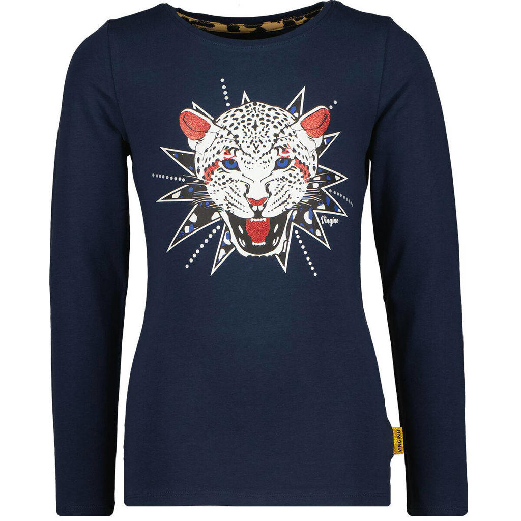 Donkerblauwe meisjes Vingino longsleeve Jannie van stretchkatoen met printopdruk, lange mouwen en ronde hals
