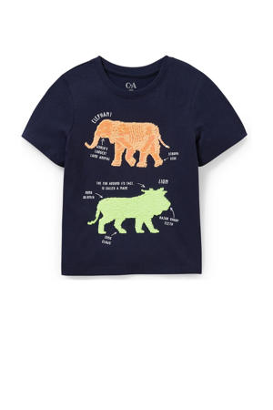 T-shirt met printopdruk donkerblauw/oranje/limegroen