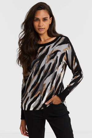 fijngebreide trui met zebraprint zwart/grijs/bruin
