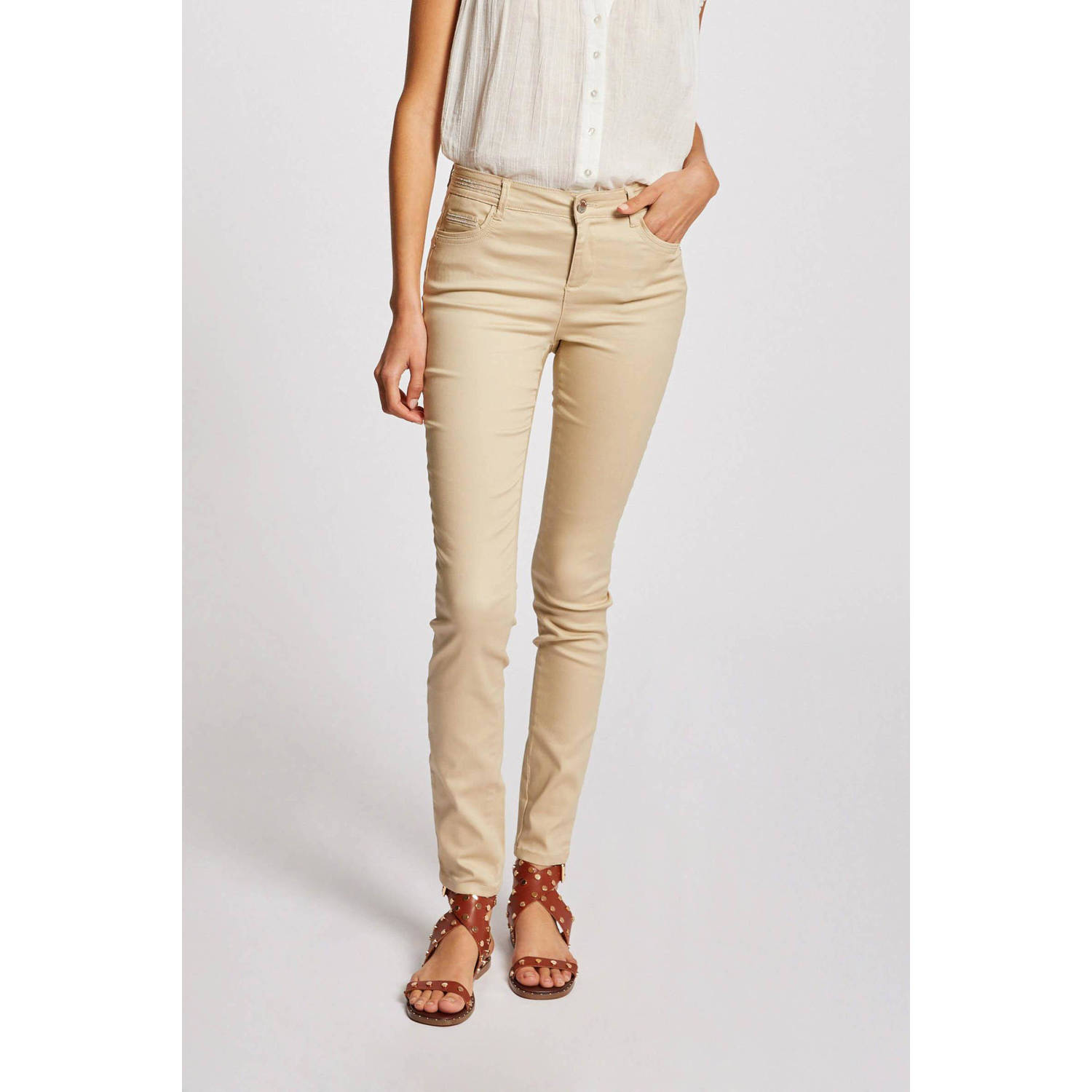 Morgan coated slim fit broek beige