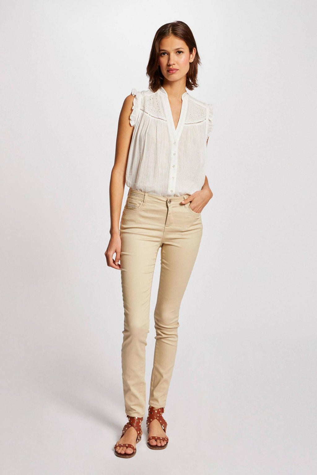 Beige dames Morgan coated slim fit broek met regular waist en effen