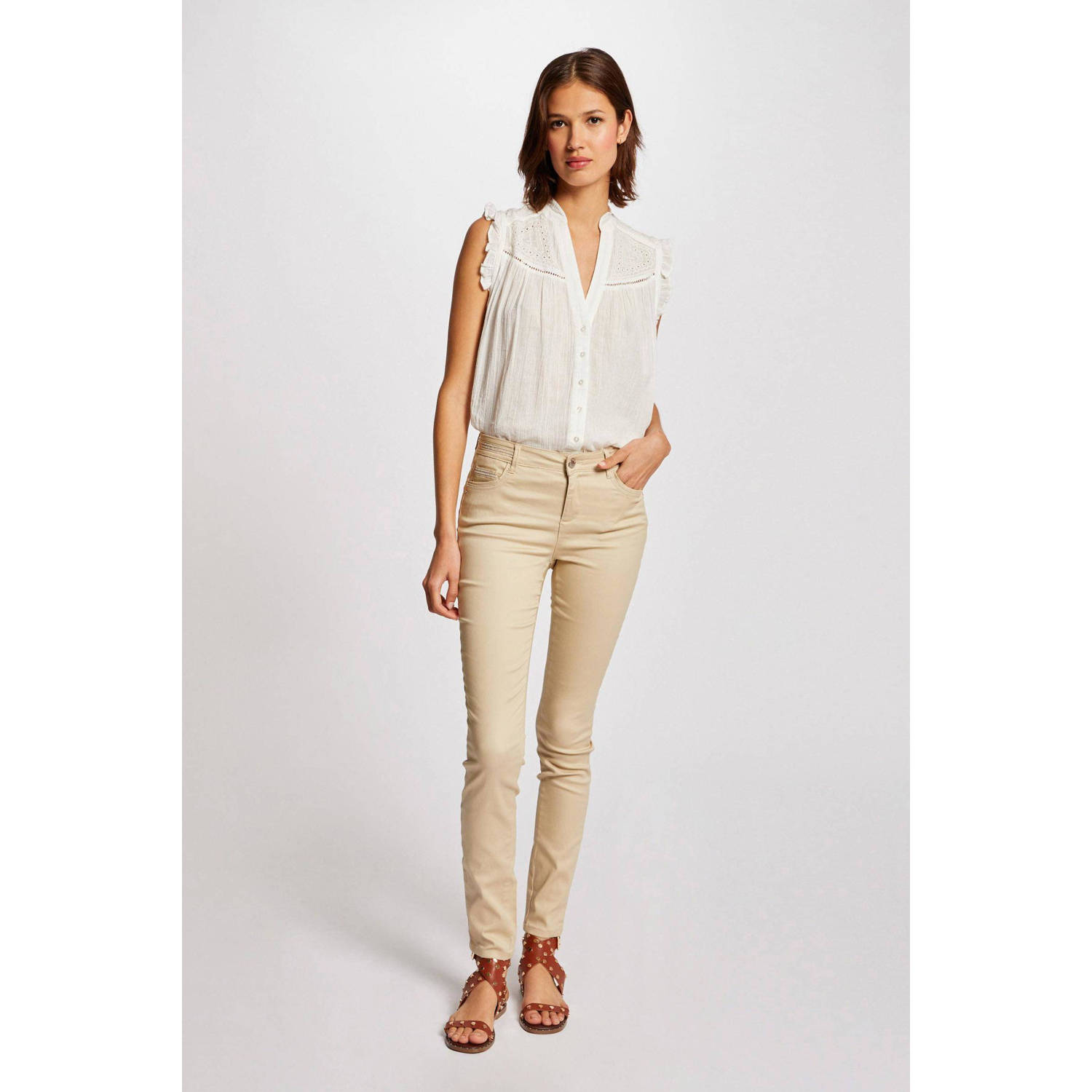 Morgan coated slim fit broek beige