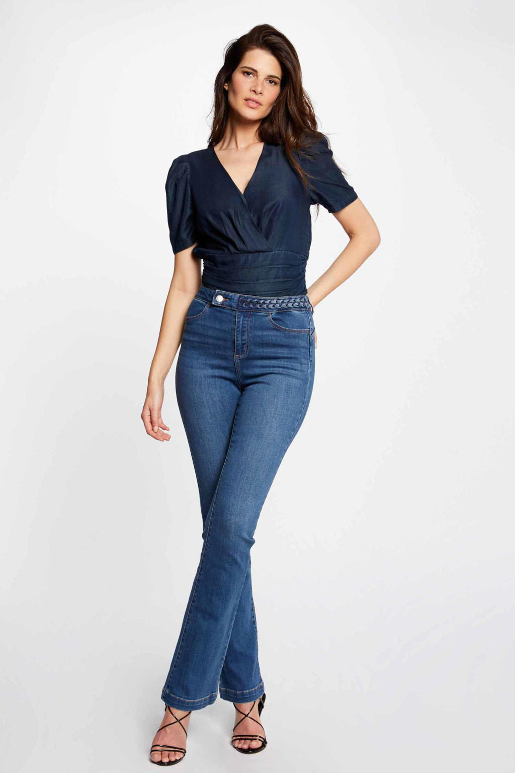 Dark blue denim dames Morgan high waist flared jeans van stretchdenim met rits- en knoopsluiting en effen