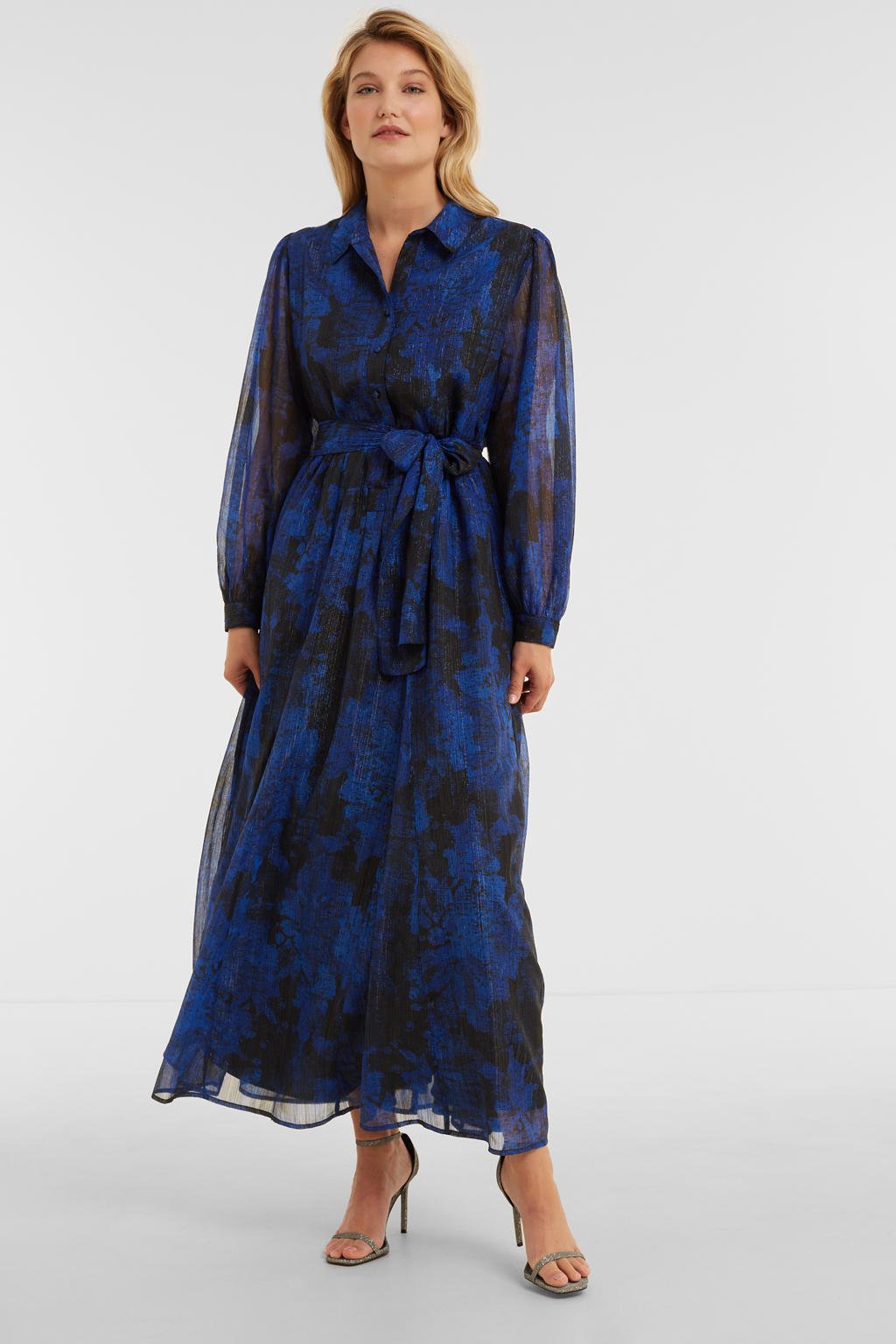 Blauw en zwarte dames Miljuschka by Wehkamp blousejurk van polyester met all over print, lange mouwen en klassieke kraag