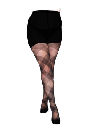 Plus Size panty met all-over ruitprint 30 denier zwart