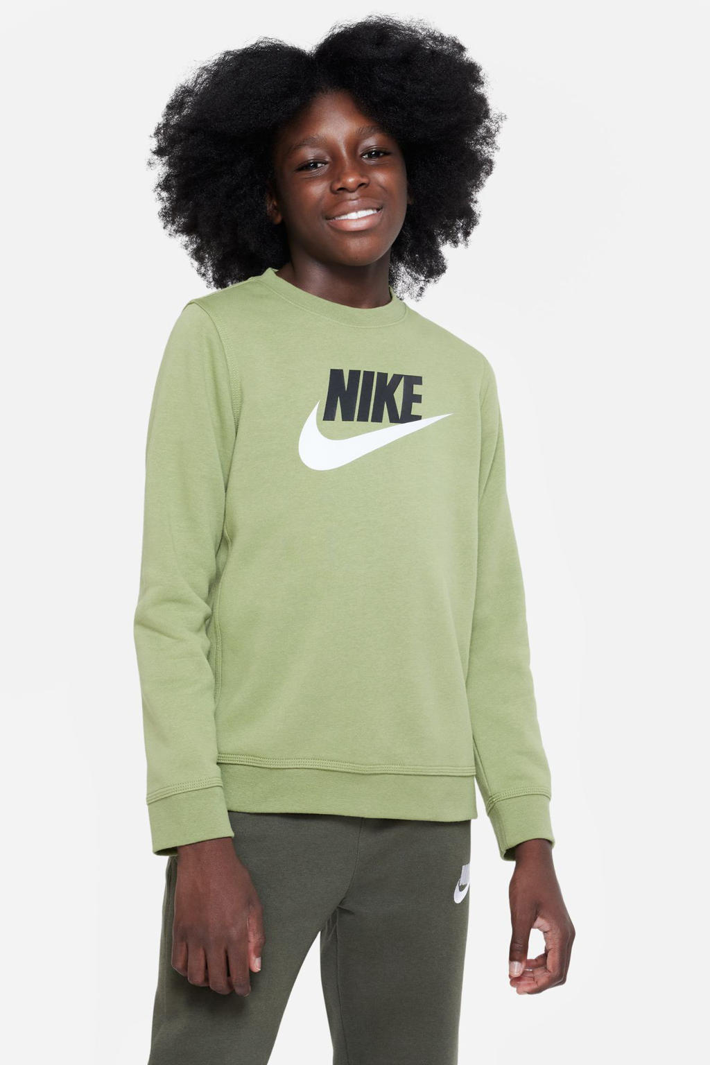Groene jongens Nike sweater met logo dessin, lange mouwen en ronde hals