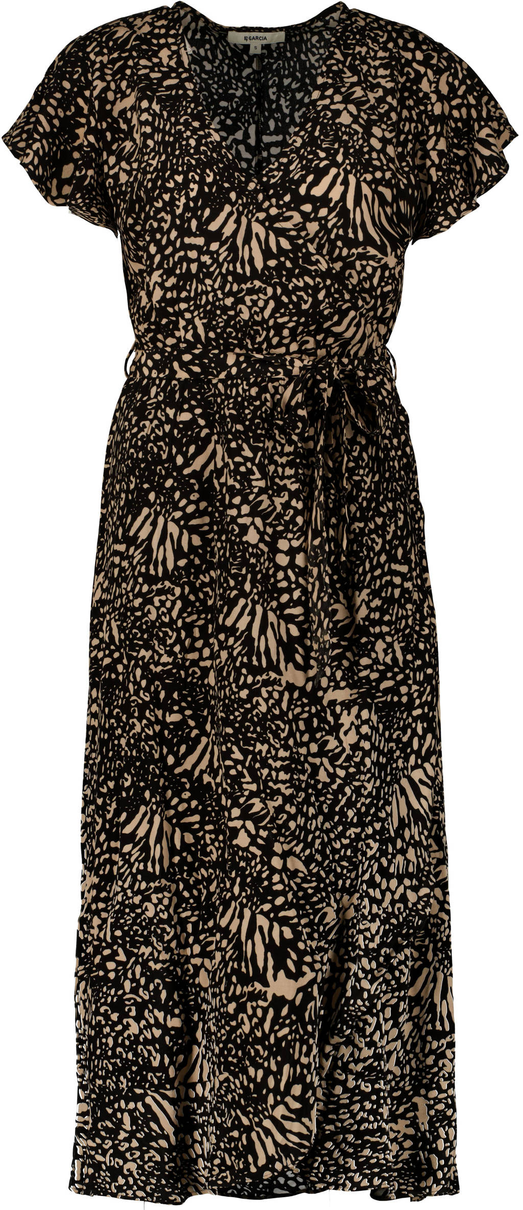 Garcia jurk met bladprint en ceintuur zwart/bruin