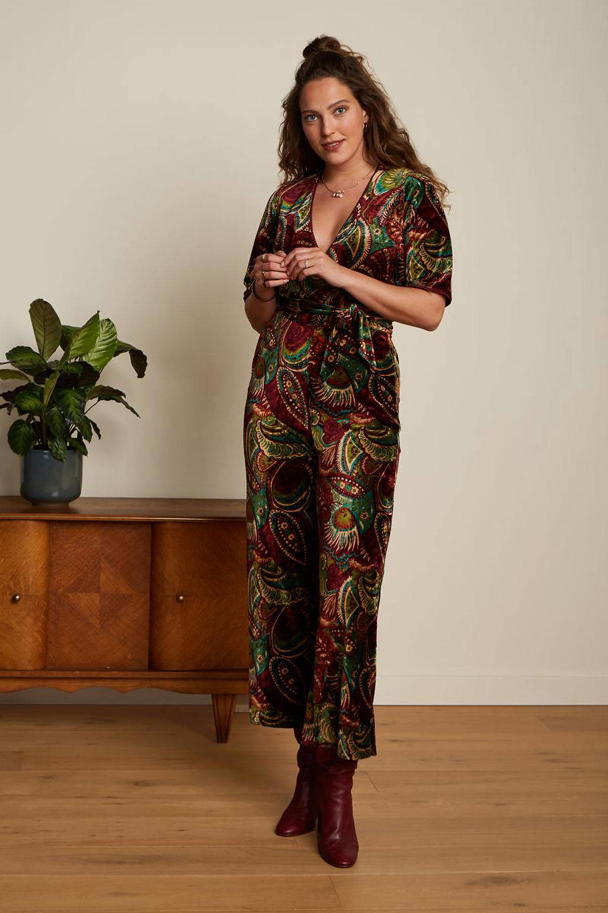 King Louie jumpsuit Zita met all over print donkerrood/groen/blauw