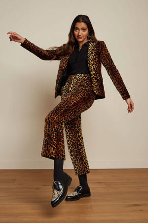 cropped velvet bootcut broek Jenny met panterprint bruin/zwart