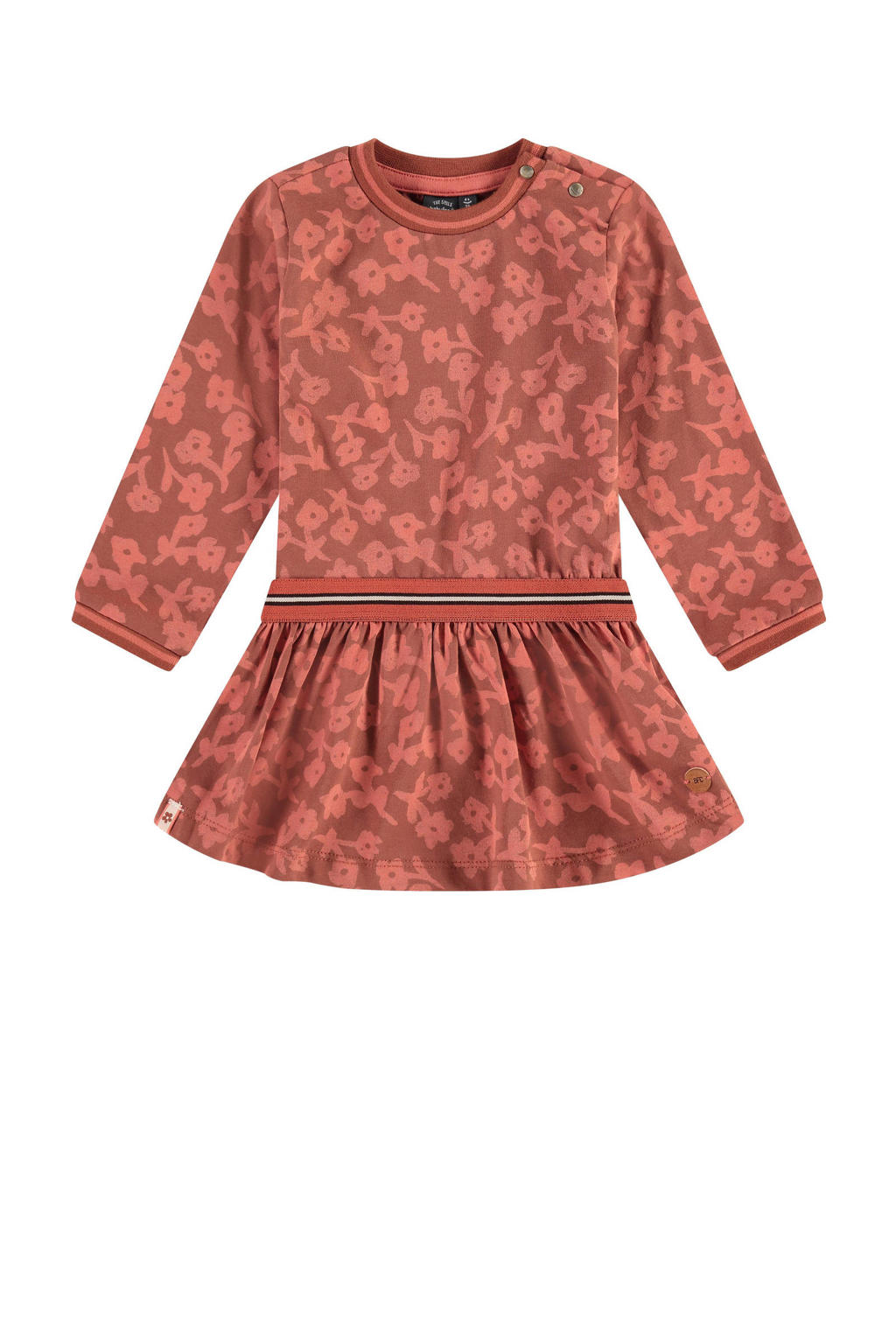 Bruine meisjes Babyface gebloemde T-shirtjurk van stretchkatoen met lange mouwen, ronde hals en drukknoopsluiting