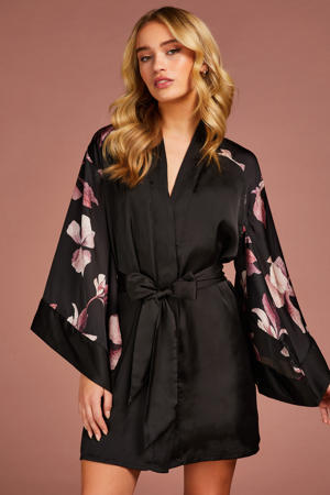 satijnlook kimono Orchid met bloemen zwart/roze