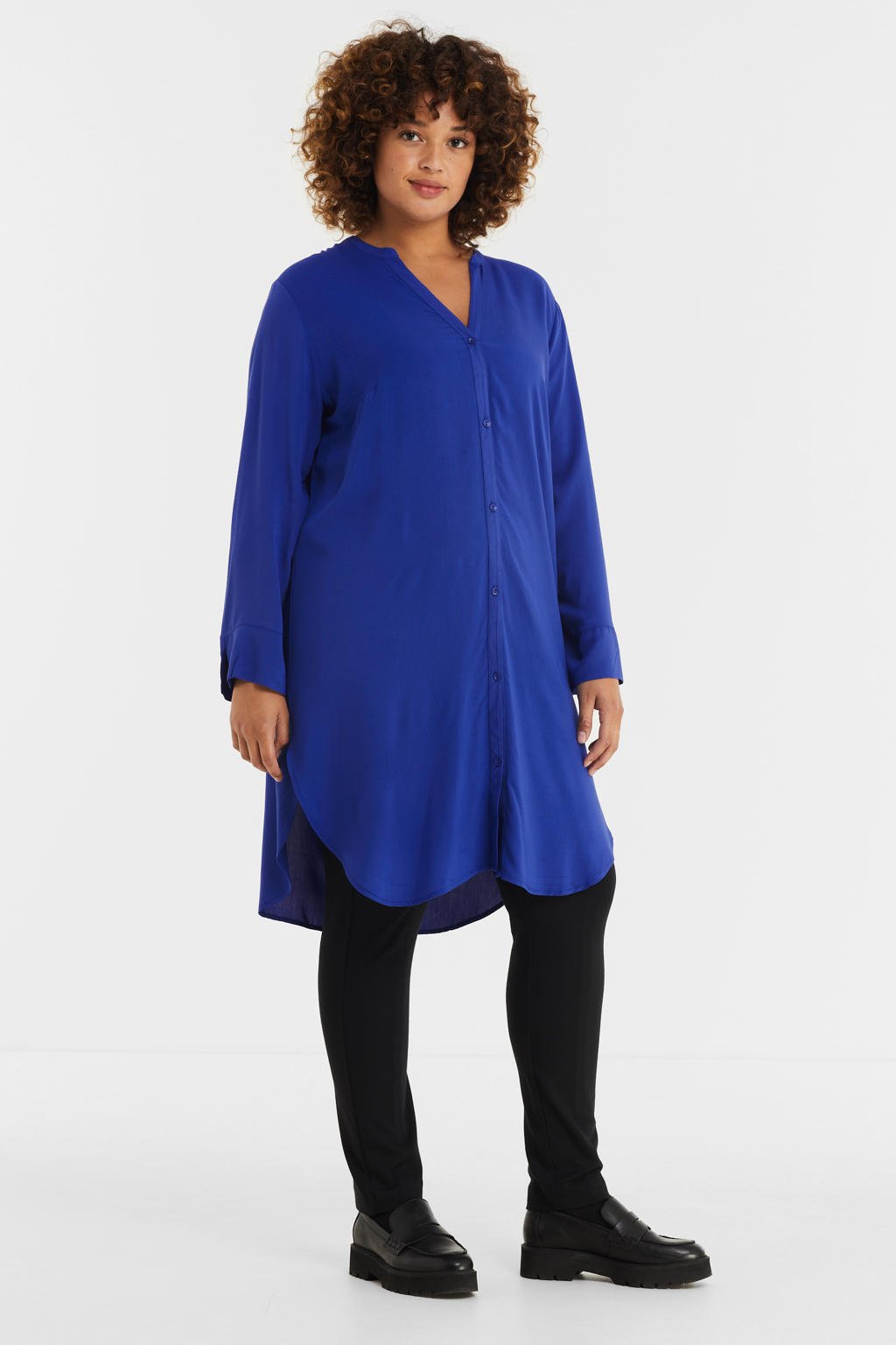 Blauwe dames GREAT LOOKS Lange blouse van viscose met lange mouwen, V-hals en knoopsluiting