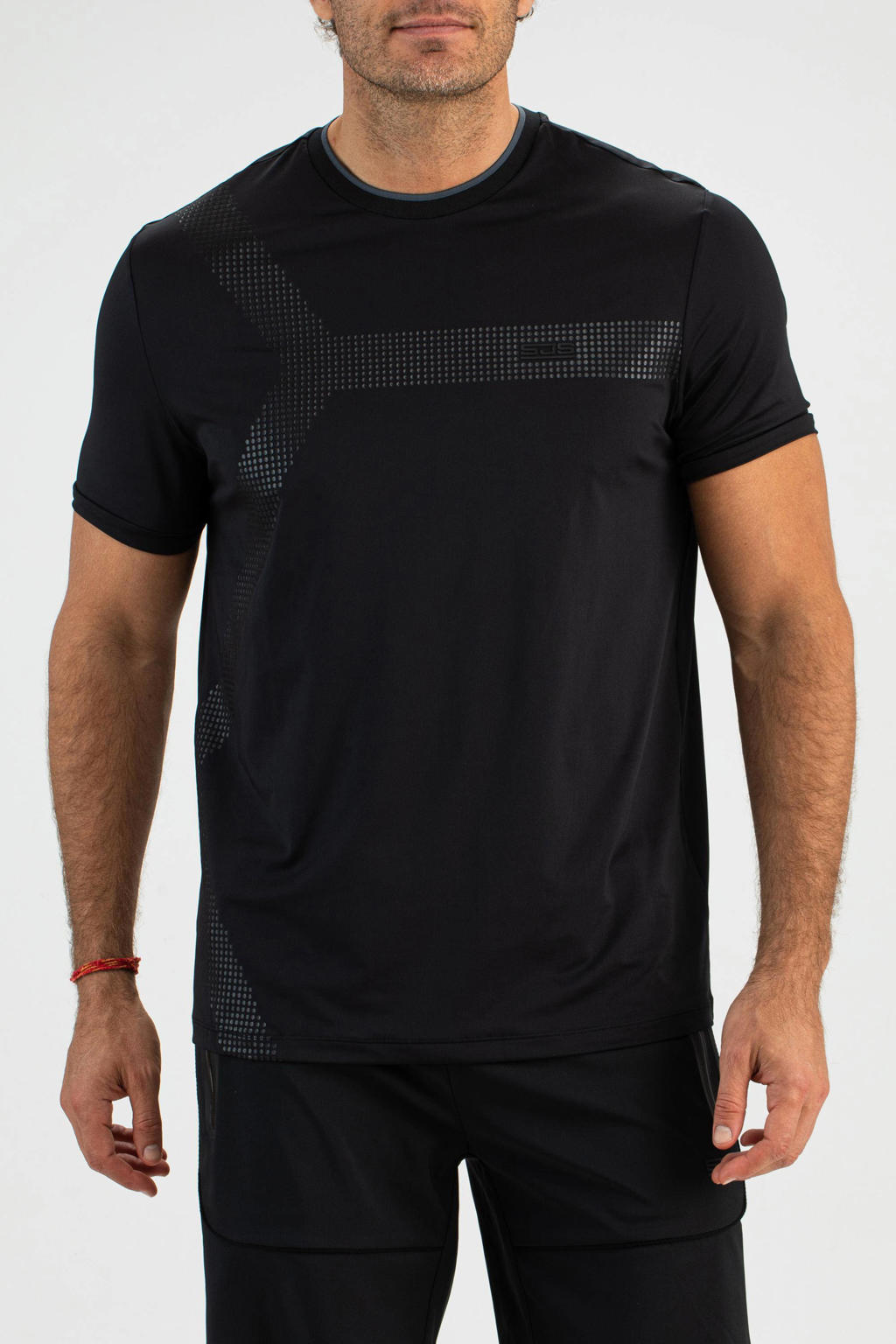 Zwarte heren Sjeng Sports sport T-shirt Octavio van polyester met tekst print, korte mouwen en ronde hals