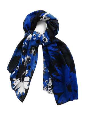 sjaal met bloemenprint kobaltblauw