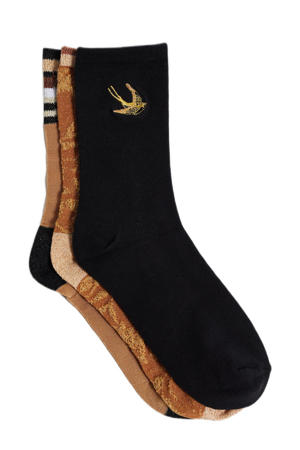 sokken met print - set van 3 zwart/camel