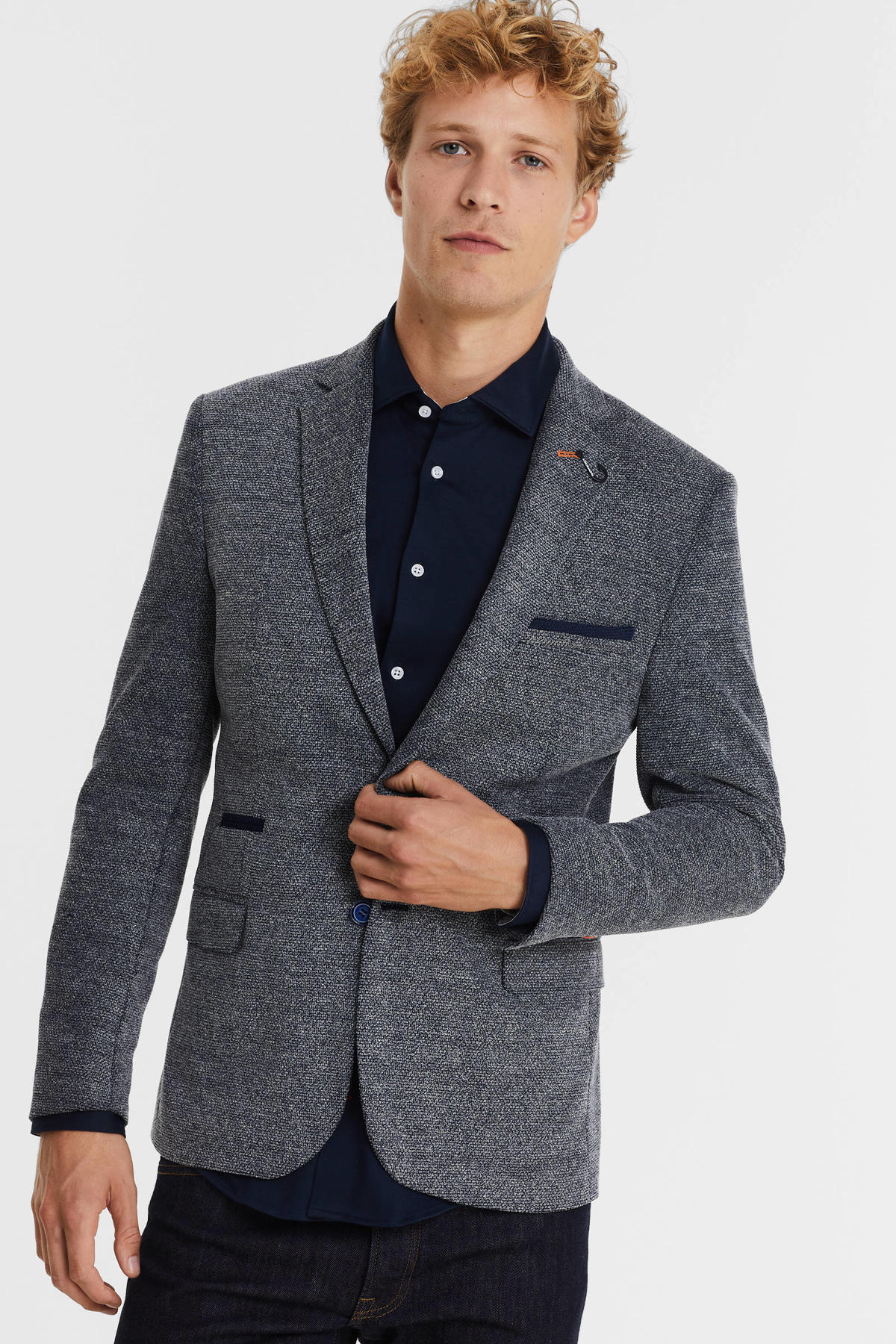 A fish named Fred gemêleerd slim fit colbert donkerblauw | wehkamp