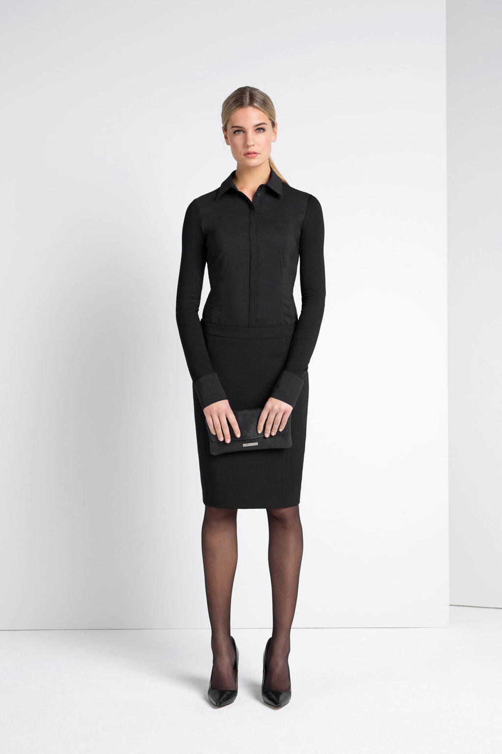 Zwarte dames Expresso basis blouse stretchkatoen met effen, lange mouwen, klassieke kraag en knoopsluiting