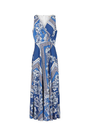 gebloemde maxi A-lijn jurk blauw/wit
