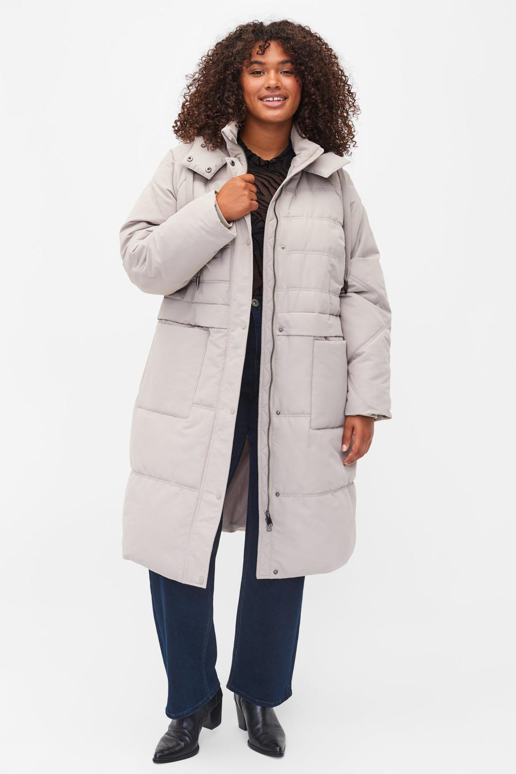 Grijze dames Zizzi gewatteerde jas van polyester met lange mouwen, capuchon en rits- en knoopsluiting