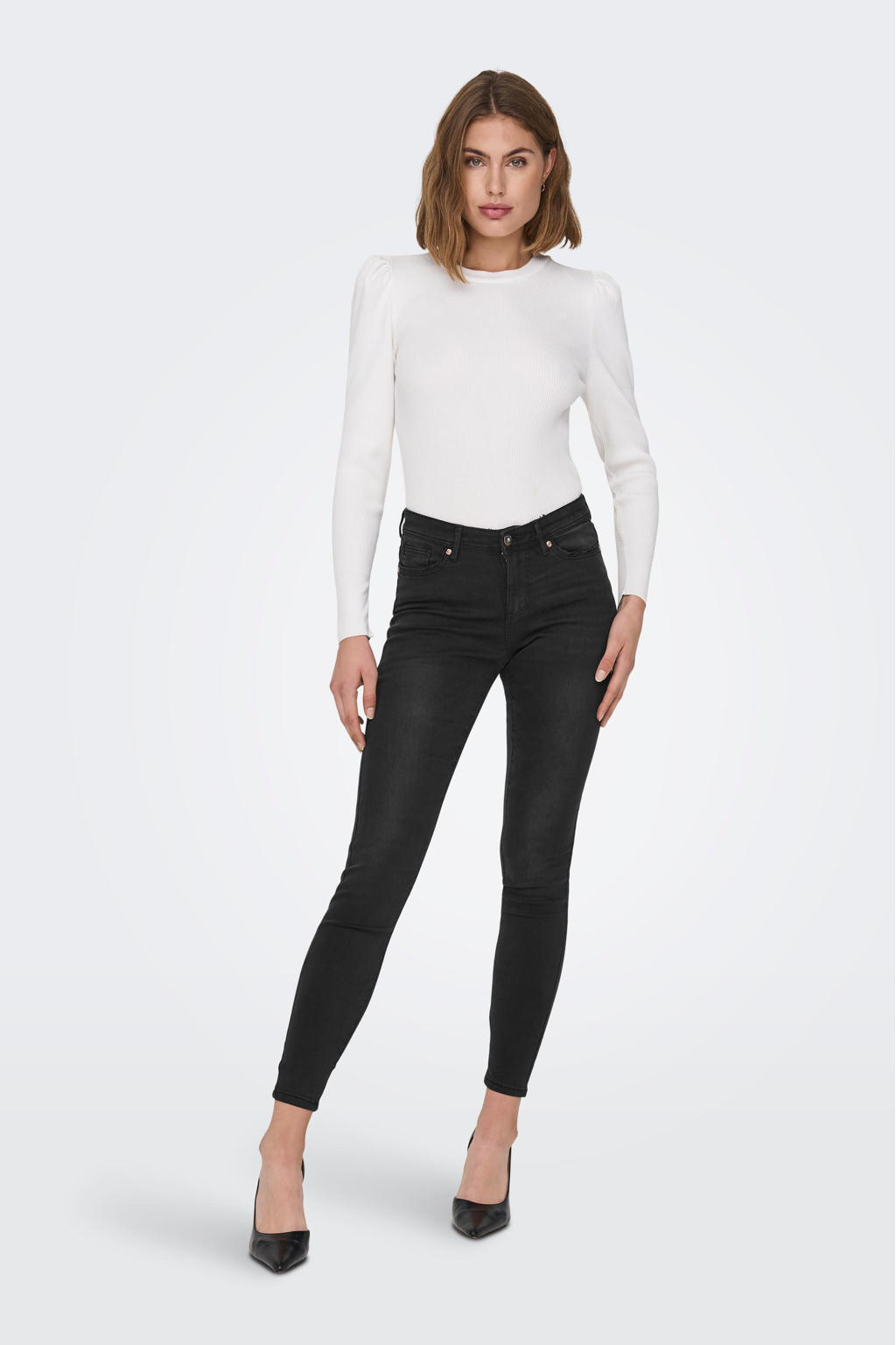 Zwarte dames ONLY skinny jeans van stretchdenim met regular waist, rits- en knoopsluiting en effen