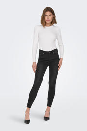 thumbnail: Zwarte dames ONLY skinny jeans van stretchdenim met regular waist, rits- en knoopsluiting en effen