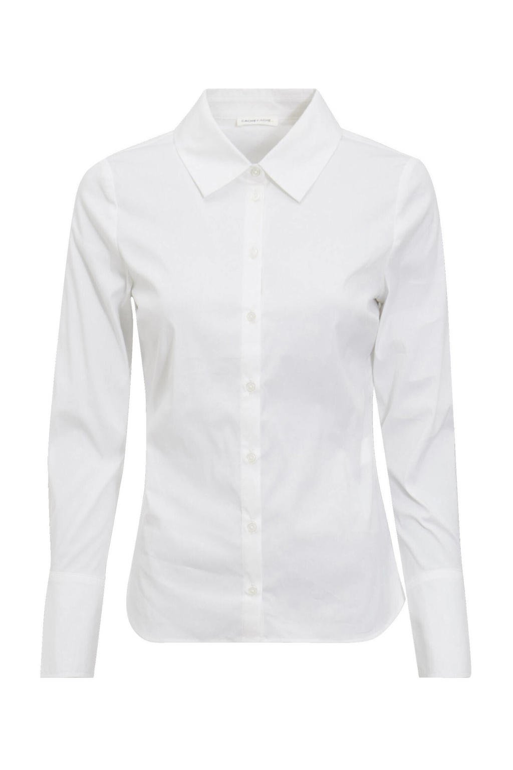 Witte dames Cache Cache blouse van stretchkatoen met lange mouwen, klassieke kraag en knoopsluiting